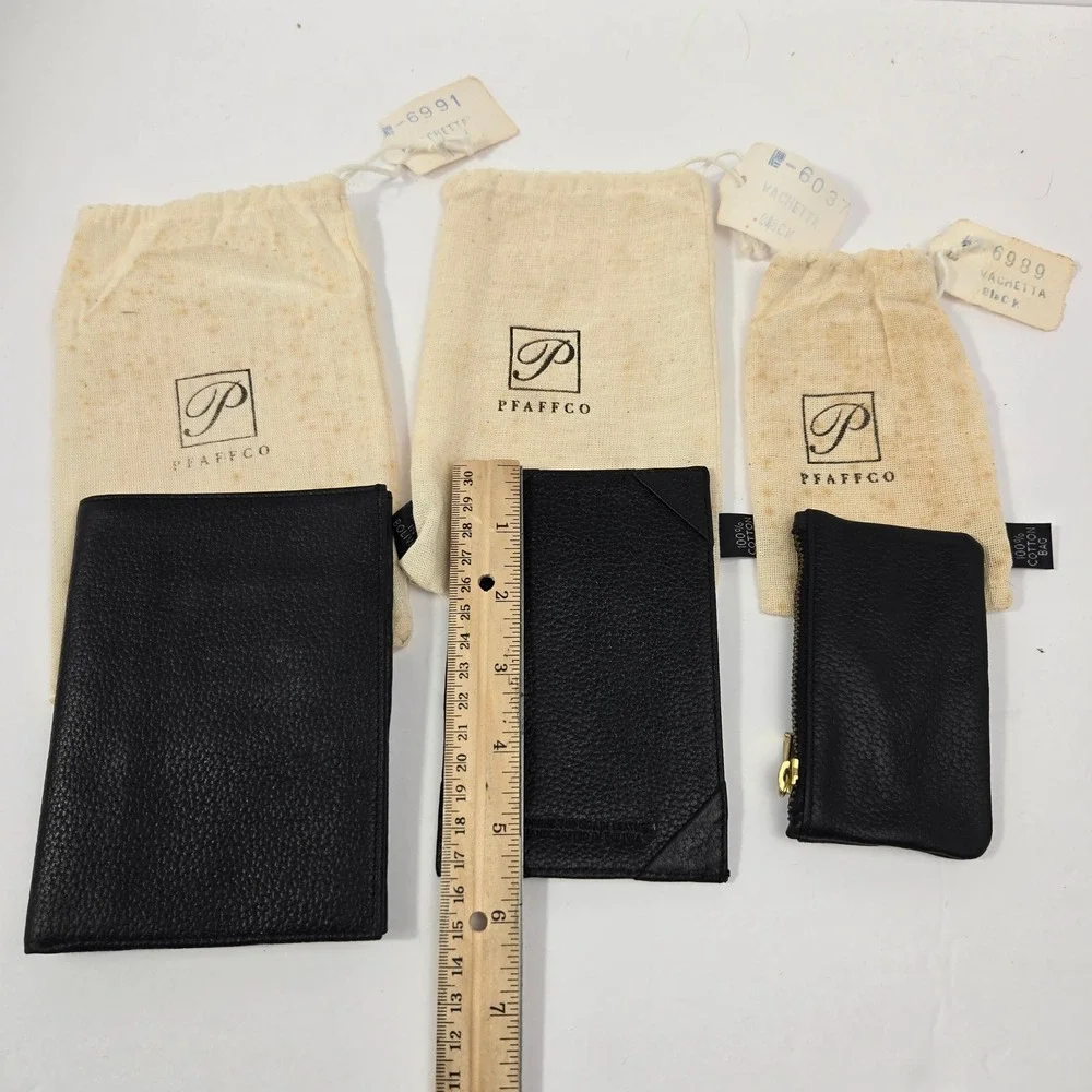 Pfaffco Black Pebbled Leather Wallet Card Holder Coin Pouch Set 3pc Handcrafted